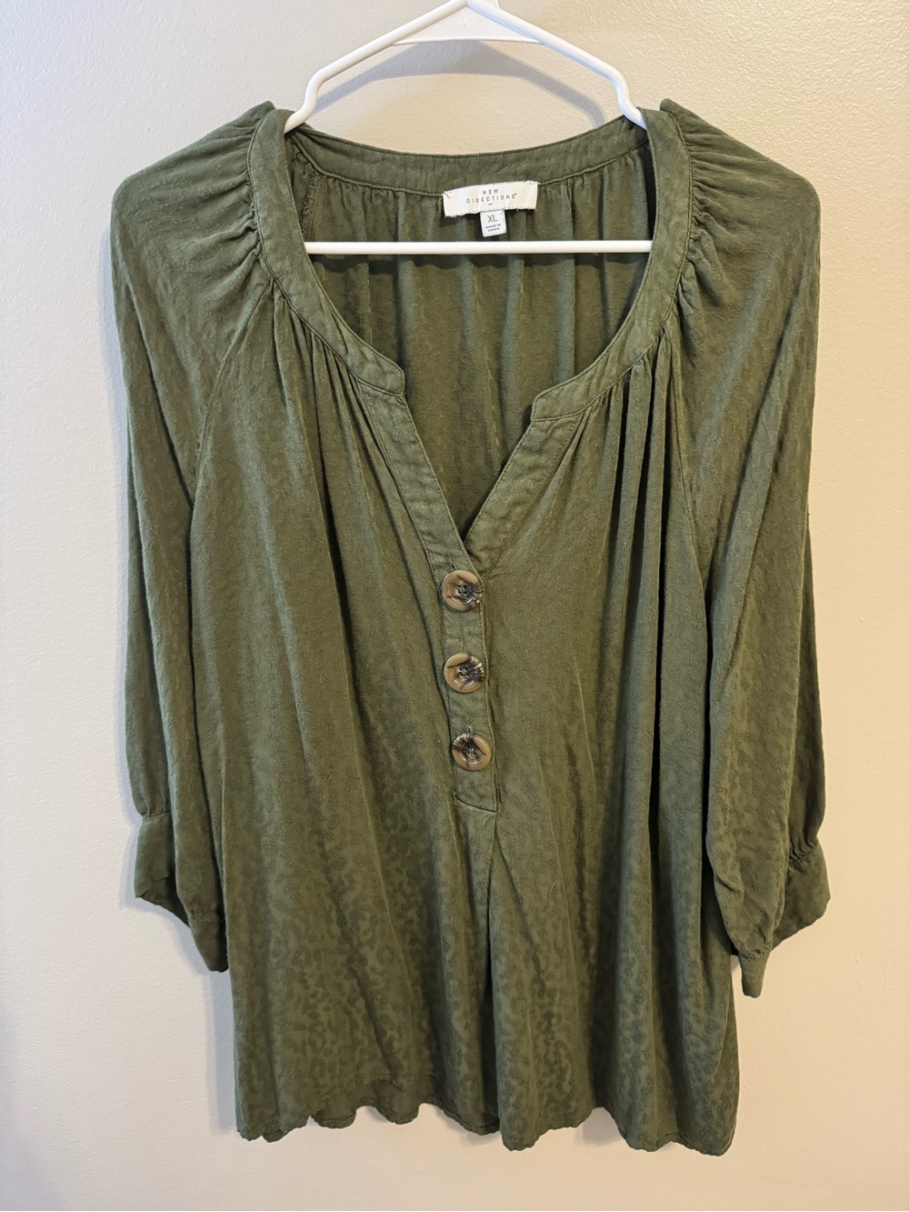 New Directions Olive Green Button-Front Women's Top